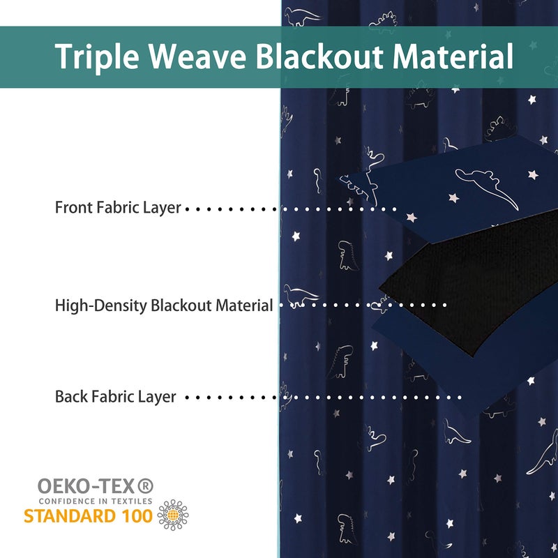 LORDTEX Dinosaur and Star Foil Print Blackout Curtains for Kids Room - Thermal Insulated Curtains Noise Reducing Window Drapes for Boys and Girls Bedroom, 42 x 63 Inch, Navy, Set of 2 Panels - Image 2